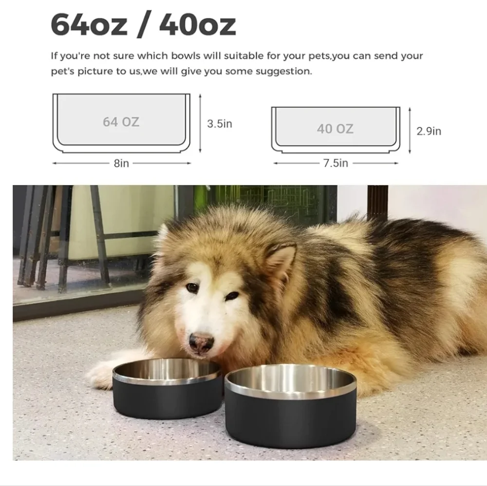 Stainless Steel Pet Bowls Non Slip Rubber Bottom Double Wall Insulated Rustproof
